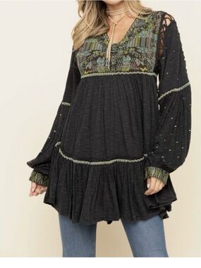 Free People Black Embroidered Boho Tunic with Green Accents